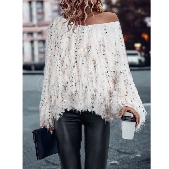 Fun Fuzzy Embellished Pullover Sweater V-Neck Off White - Picture 5 of 10